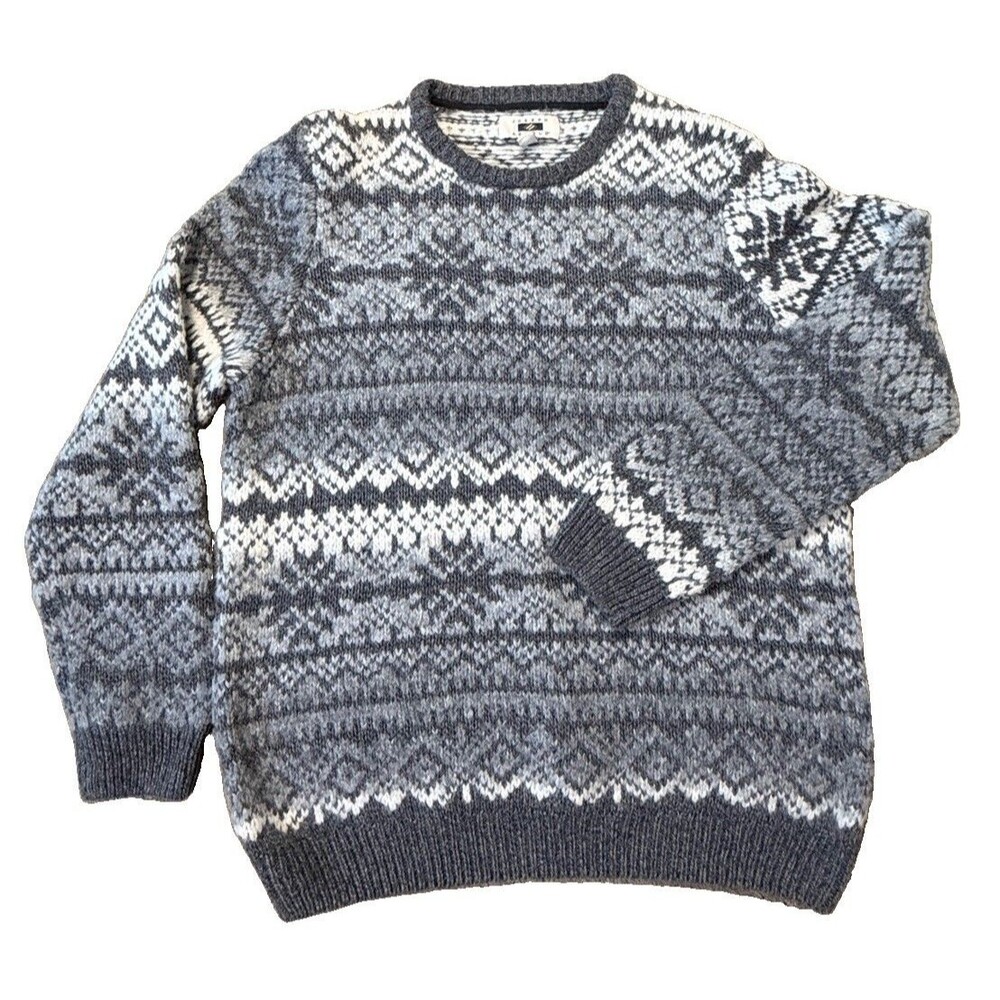 Joseph Abboud Wool Blend Sweater Mens XL Gray Chunky Nordic Pullover Fair Isle